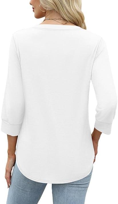 imageWomen 34 Sleeve Shirts Notch V Neck Tops Casual Dressy Blouses Beach Vacation Tunic TopsWhite