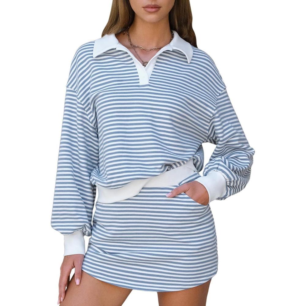 imageEXLURA Womens Two Piece Sets Airport Outfits Cotton Striped Sweatshirt Matching Skirt Skort Tennis Tracksuit Travel Set 2026Blue White