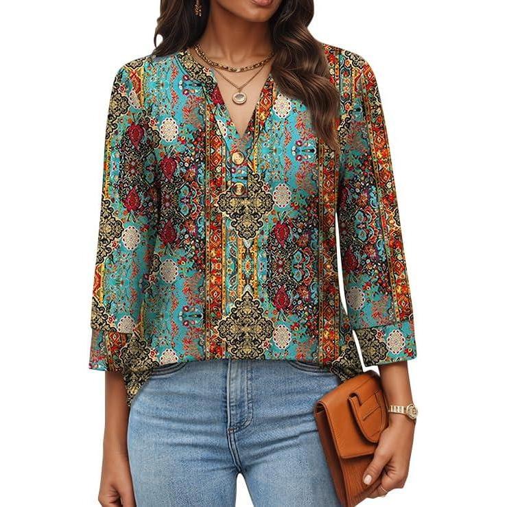 imageWomen 34 Sleeve Shirts Notch V Neck Tops Casual Dressy Blouses Beach Vacation Tunic TopsFigure