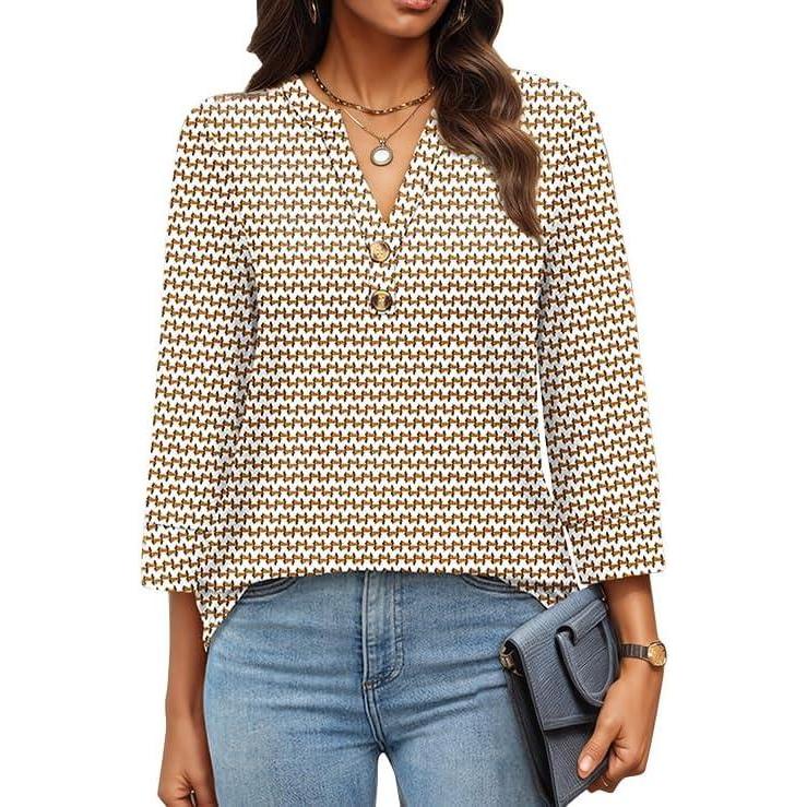 imageWomen 34 Sleeve Shirts Notch V Neck Tops Casual Dressy Blouses Beach Vacation Tunic TopsStripe