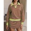 imageEXLURA Womens Two Piece Sets Airport Outfits Cotton Striped Sweatshirt Matching Skirt Skort Tennis Tracksuit Travel Set 2026Green Brown