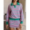 imageEXLURA Womens Two Piece Sets Airport Outfits Cotton Striped Sweatshirt Matching Skirt Skort Tennis Tracksuit Travel Set 2026Green Pink