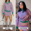 imageEXLURA Womens Two Piece Sets Airport Outfits Cotton Striped Sweatshirt Matching Skirt Skort Tennis Tracksuit Travel Set 2026Green Pink