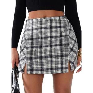 imageEXLURA Womens Fashion Faux Wool Mini Skirt High Waisted Y2K Trendy Side Slit Tweed Plaid Skirts 2025 Fall Winter Outfits Black