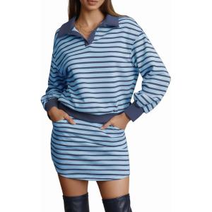 imageEXLURA Womens Two Piece Sets Airport Outfits Cotton Striped Sweatshirt Matching Skirt Skort Tennis Tracksuit Travel Set 2026Dark Blue
