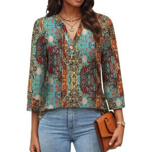 imageWomen 34 Sleeve Shirts Notch V Neck Tops Casual Dressy Blouses Beach Vacation Tunic TopsFigure