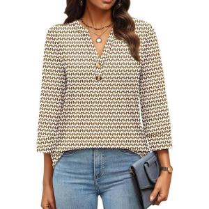 imageWomen 34 Sleeve Shirts Notch V Neck Tops Casual Dressy Blouses Beach Vacation Tunic TopsStripe