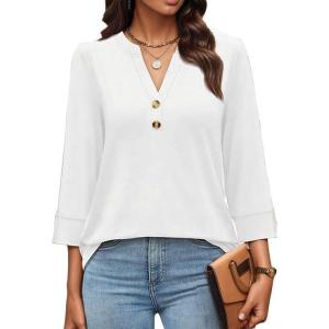 imageWomen 34 Sleeve Shirts Notch V Neck Tops Casual Dressy Blouses Beach Vacation Tunic TopsWhite