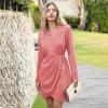 imageEXLURA Womens 2024 Long Sleeve Wrap V Neck Bodycon Formal Work Dress Ruched Cocktail Mini Dress Elegant Teacher DressesDusty Pink
