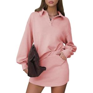imageEXLURA Womens 2 Piece Sets Polo Sweatshirt Skort Set Airport Long Sleeve Matching Workout Sets Tennis Travel Spring OutfitsPink