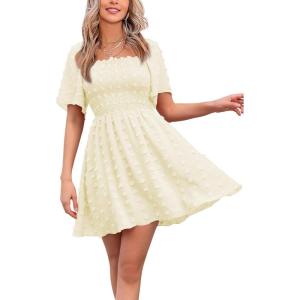 imageEXLURA Womens 2026 Summer Casual Square Neck Dresses Ruffle Short Sleeve Swiss Dot Flowy Mini DressBeige
