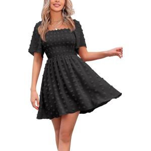 imageEXLURA Womens 2026 Summer Casual Square Neck Dresses Ruffle Short Sleeve Swiss Dot Flowy Mini DressBlack