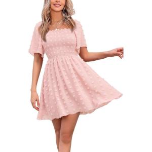 imageEXLURA Womens 2026 Summer Casual Square Neck Dresses Ruffle Short Sleeve Swiss Dot Flowy Mini DressLight Pink