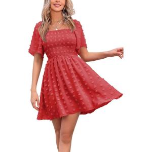 imageEXLURA Womens 2026 Summer Casual Square Neck Dresses Ruffle Short Sleeve Swiss Dot Flowy Mini DressRed