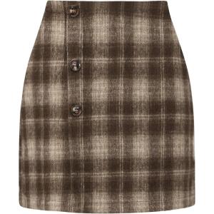 imageEXLURA Womens Faux Wool Plaid Mini Skirt Elastic High Waisted Tweed Skirts Button Bodycon Skirt Fall Winter Outfit PocketBrown Plaid