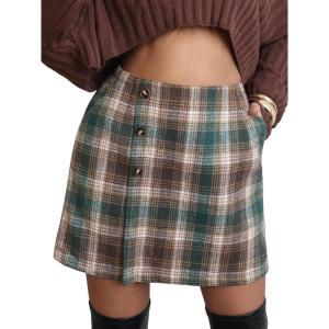 imageEXLURA Womens Faux Wool Plaid Mini Skirt Elastic High Waisted Tweed Skirts Button Bodycon Skirt Fall Winter Outfit PocketGreen Plaid