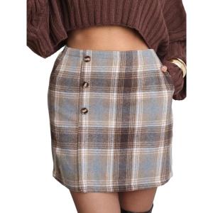 imageEXLURA Womens Faux Wool Plaid Mini Skirt Elastic High Waisted Tweed Skirts Button Bodycon Skirt Fall Winter Outfit PocketGrey Brown Plaid