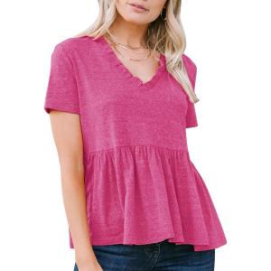imageEXLURA Womens Summer Crop Babydoll Peplum Tops Cute V Neck Short Sleeve Business Casual Trendy T Shirts Beach Vacation 2026Hot Pink