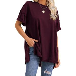 imageEXLURA Womens Summer Oversized T Shirts 2026 Casual Short Sleeve Loose Maternity Tops Crewneck Tunic Plus Gym Workout TopWine Red