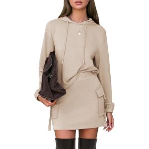 imageEXLURA Women Two Piece Set Cotton Sweatsuit Travel Airport Outfits 2026 Tracksuit Hooded Sweatshirt Cargo Skort Skirt PocketsApricot