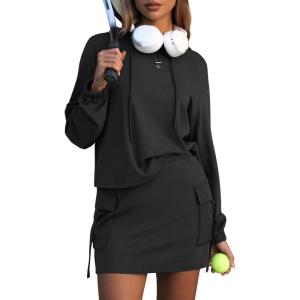 imageEXLURA Women Two Piece Set Cotton Sweatsuit Travel Airport Outfits 2026 Tracksuit Hooded Sweatshirt Cargo Skort Skirt PocketsBlack