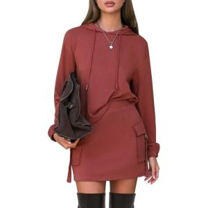 imageEXLURA Women Two Piece Set Cotton Sweatsuit Travel Airport Outfits 2026 Tracksuit Hooded Sweatshirt Cargo Skort Skirt PocketsCaramel