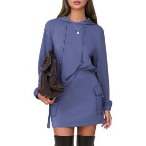 imageEXLURA Women Two Piece Set Cotton Sweatsuit Travel Airport Outfits 2026 Tracksuit Hooded Sweatshirt Cargo Skort Skirt PocketsDark Blue