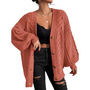 imageEXLURA Womens 2026 Oversized Cardigan Sweaters Fall Winter Lightweight Soft Knit Cardigan Open Front Button Outwear CoatsBrick Red