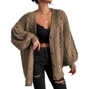 imageEXLURA Womens 2026 Oversized Cardigan Sweaters Fall Winter Lightweight Soft Knit Cardigan Open Front Button Outwear CoatsCoffee