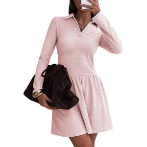 imageEXLURA Womens Fall Fashion Long Sleeve V Neck Mini Dress Casual Sweatshirt Style ALine Tennis Dresses Trendy Outfits 2025Pink