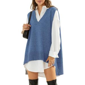 imageEXLURA Womens Oversized Sweater Vest Knit V Neck Tunic Casual Sleeveless Long Pullover Tank Tops Fall Winter Trendy 2025Blue