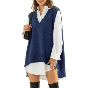 imageEXLURA Womens Oversized Sweater Vest Knit V Neck Tunic Casual Sleeveless Long Pullover Tank Tops Fall Winter Trendy 2025Dark Blue