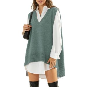 imageEXLURA Womens Oversized Sweater Vest Knit V Neck Tunic Casual Sleeveless Long Pullover Tank Tops Fall Winter Trendy 2025Green