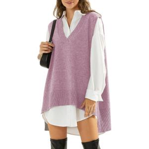 imageEXLURA Womens Oversized Sweater Vest Knit V Neck Tunic Casual Sleeveless Long Pullover Tank Tops Fall Winter Trendy 2025Grey Purple
