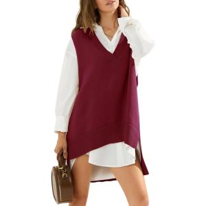imageEXLURA Womens Oversized Sweater Vest Knit V Neck Tunic Casual Sleeveless Long Pullover Tank Tops Fall Winter Trendy 2025Wine Red