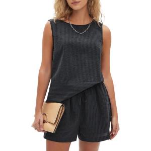 imageEXLURA Womens Summer 2 Piece Outfits Sleeveless Tank Top Matching Shorts Sets Cotton Striped Airport Beach Vacation 2026Black Grey