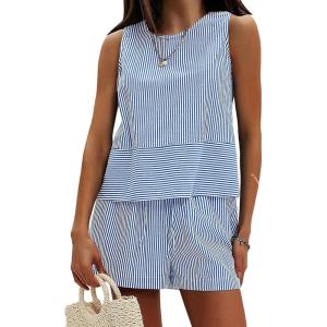 imageEXLURA Womens Summer 2 Piece Outfits Sleeveless Tank Top Matching Shorts Sets Cotton Striped Airport Beach Vacation 2026Blue
