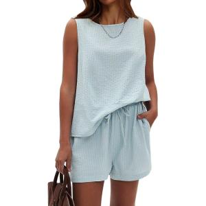 imageEXLURA Womens Summer 2 Piece Outfits Sleeveless Tank Top Matching Shorts Sets Cotton Striped Airport Beach Vacation 2026Blue Green