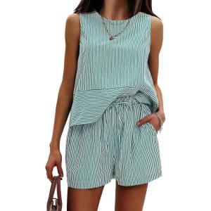 imageEXLURA Womens Summer 2 Piece Outfits Sleeveless Tank Top Matching Shorts Sets Cotton Striped Airport Beach Vacation 2026Green