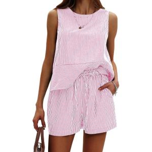 imageEXLURA Womens Summer 2 Piece Outfits Sleeveless Tank Top Matching Shorts Sets Cotton Striped Airport Beach Vacation 2026Pink