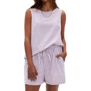 imageEXLURA Womens Summer 2 Piece Outfits Sleeveless Tank Top Matching Shorts Sets Cotton Striped Airport Beach Vacation 2026Purple