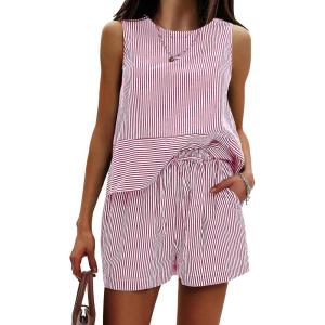 imageEXLURA Womens Summer 2 Piece Outfits Sleeveless Tank Top Matching Shorts Sets Cotton Striped Airport Beach Vacation 2026Red