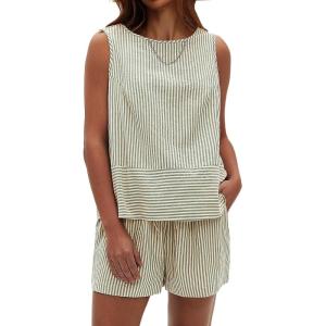 imageEXLURA Womens Summer 2 Piece Outfits Sleeveless Tank Top Matching Shorts Sets Cotton Striped Airport Beach Vacation 2026Yellow Green