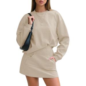 imageEXLURA Women 2 Piece Skirt Set Airport Outfits 2026 Cotton Travel Sweat Suit Casual Lounge Crewneck Sweatshirt Skort SetsApricot
