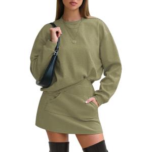 imageEXLURA Women 2 Piece Skirt Set Airport Outfits 2026 Cotton Travel Sweat Suit Casual Lounge Crewneck Sweatshirt Skort SetsArmy Green