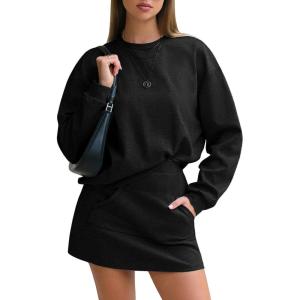 imageEXLURA Women 2 Piece Skirt Set Airport Outfits 2026 Cotton Travel Sweat Suit Casual Lounge Crewneck Sweatshirt Skort SetsBlack