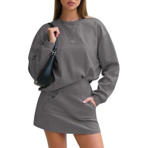 imageEXLURA Women 2 Piece Skirt Set Airport Outfits 2026 Cotton Travel Sweat Suit Casual Lounge Crewneck Sweatshirt Skort SetsDark Grey