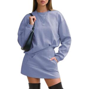 imageEXLURA Women 2 Piece Skirt Set Airport Outfits 2026 Cotton Travel Sweat Suit Casual Lounge Crewneck Sweatshirt Skort SetsGrey Blue