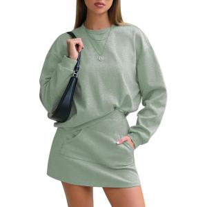 imageEXLURA Women 2 Piece Skirt Set Airport Outfits 2026 Cotton Travel Sweat Suit Casual Lounge Crewneck Sweatshirt Skort SetsGrey Green