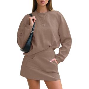 imageEXLURA Women 2 Piece Skirt Set Airport Outfits 2026 Cotton Travel Sweat Suit Casual Lounge Crewneck Sweatshirt Skort SetsLight Coffee